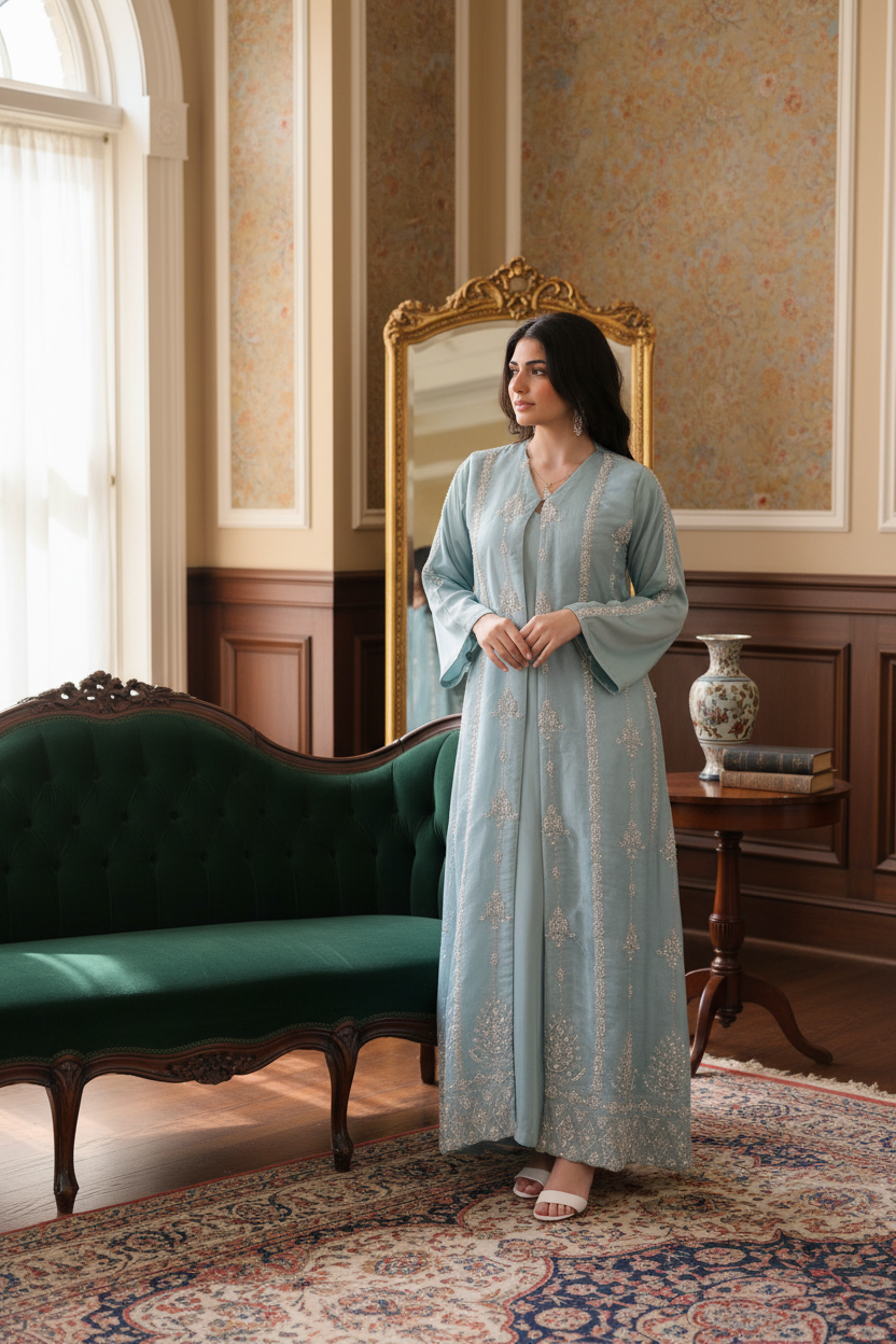 Serene Mint Beaded Abaya Set