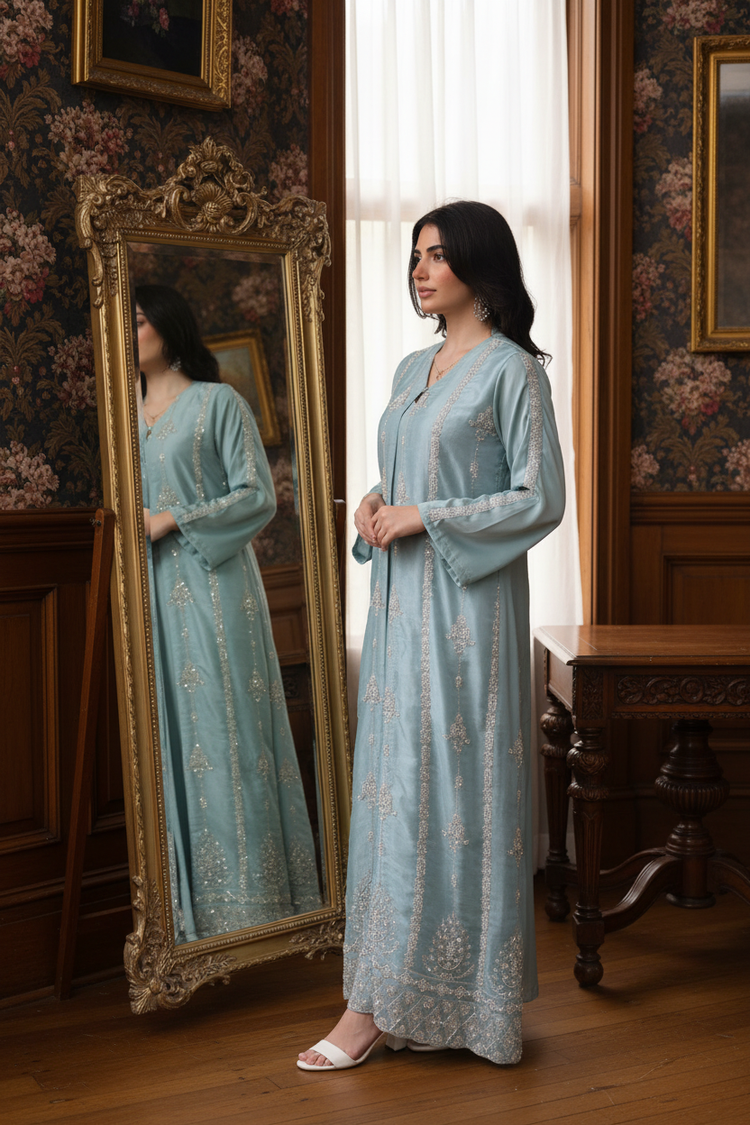 Serene Mint Beaded Abaya Set