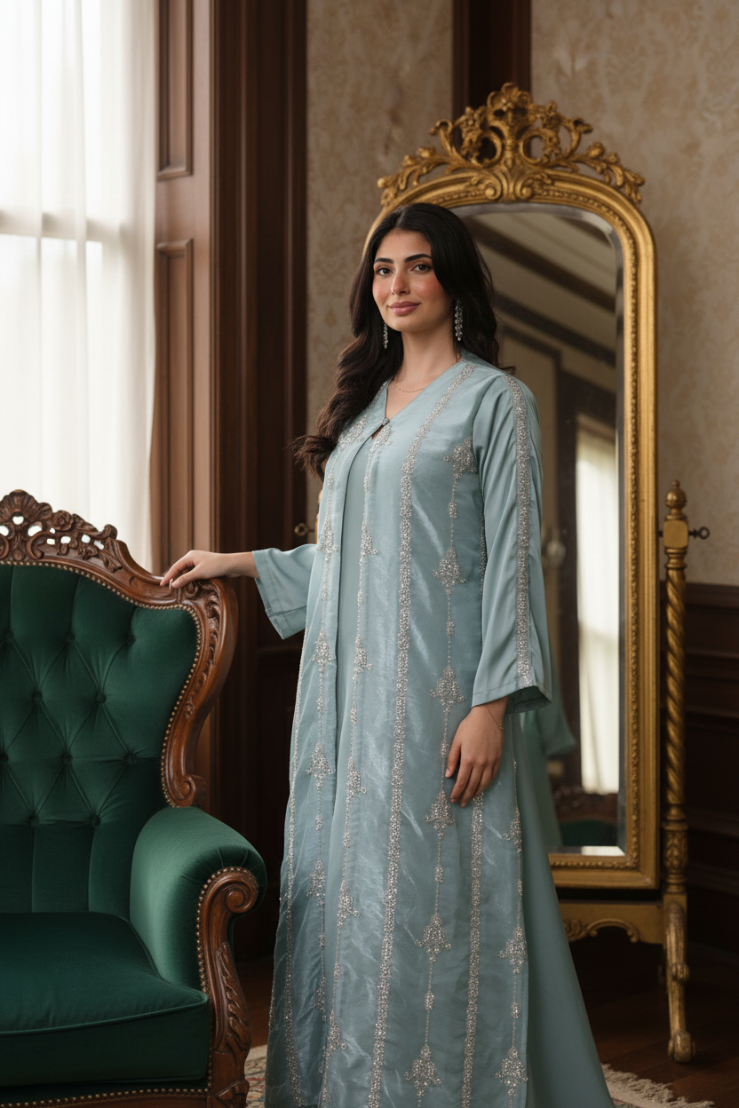 Serene Mint Beaded Abaya Set