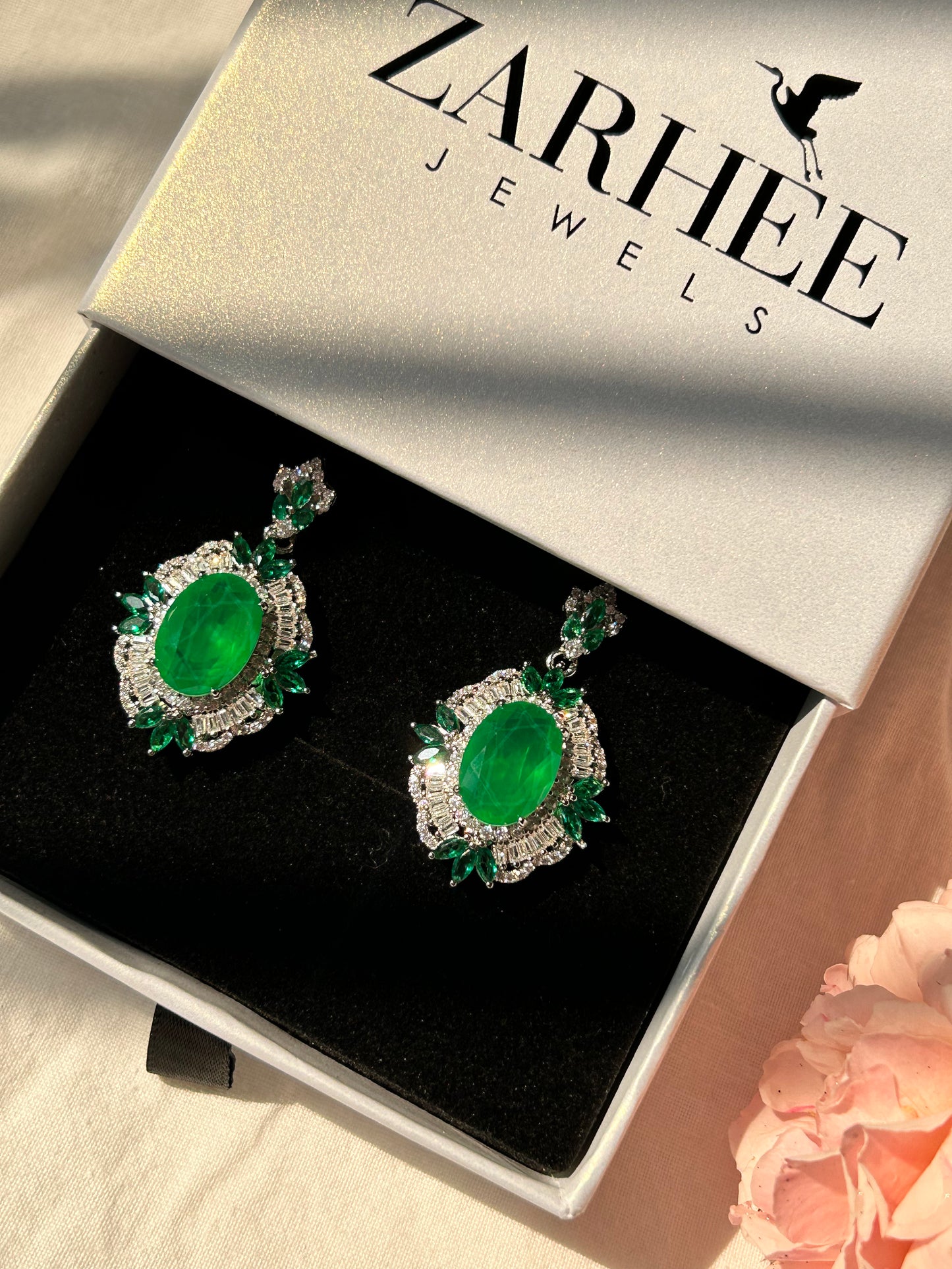 Emerald Green and White stone Earrings | Sterling Silver | Lab created