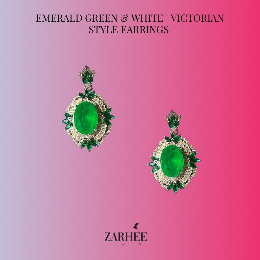 Emerald Green and White stone Earrings | Sterling Silver | Lab created