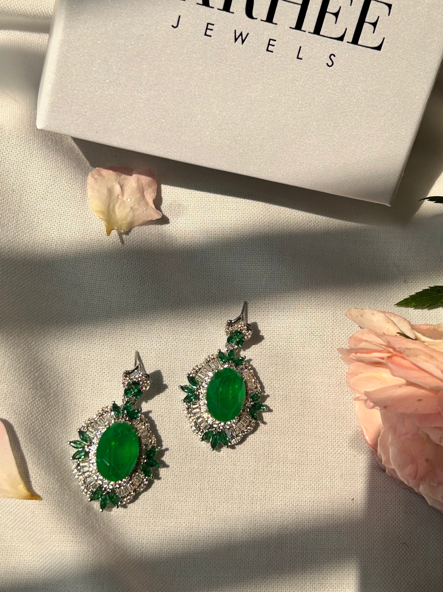 Emerald Green and White stone Earrings | Sterling Silver | Lab created