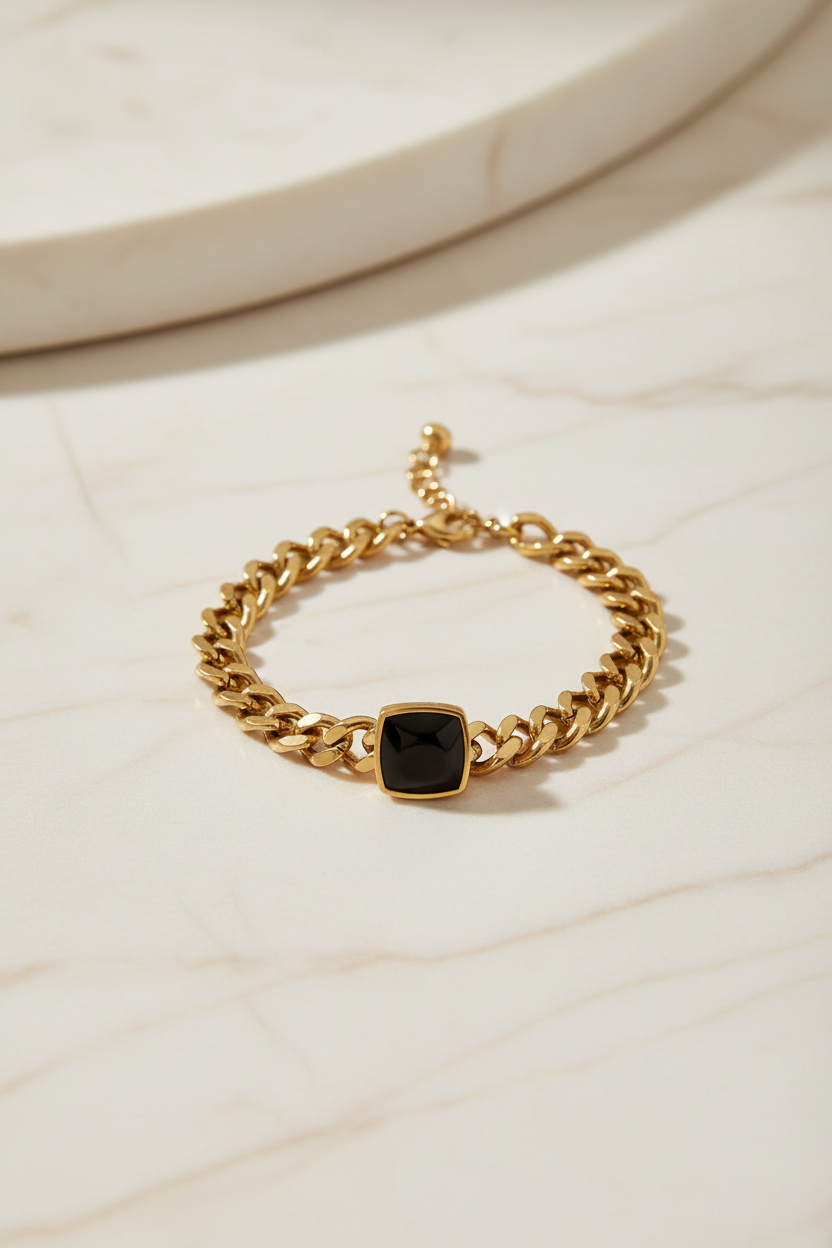 Classic Gold Bracelet for Women | Chunky Black Stone Bracelet | Hypoallergenic- Tarnish Free bracelet