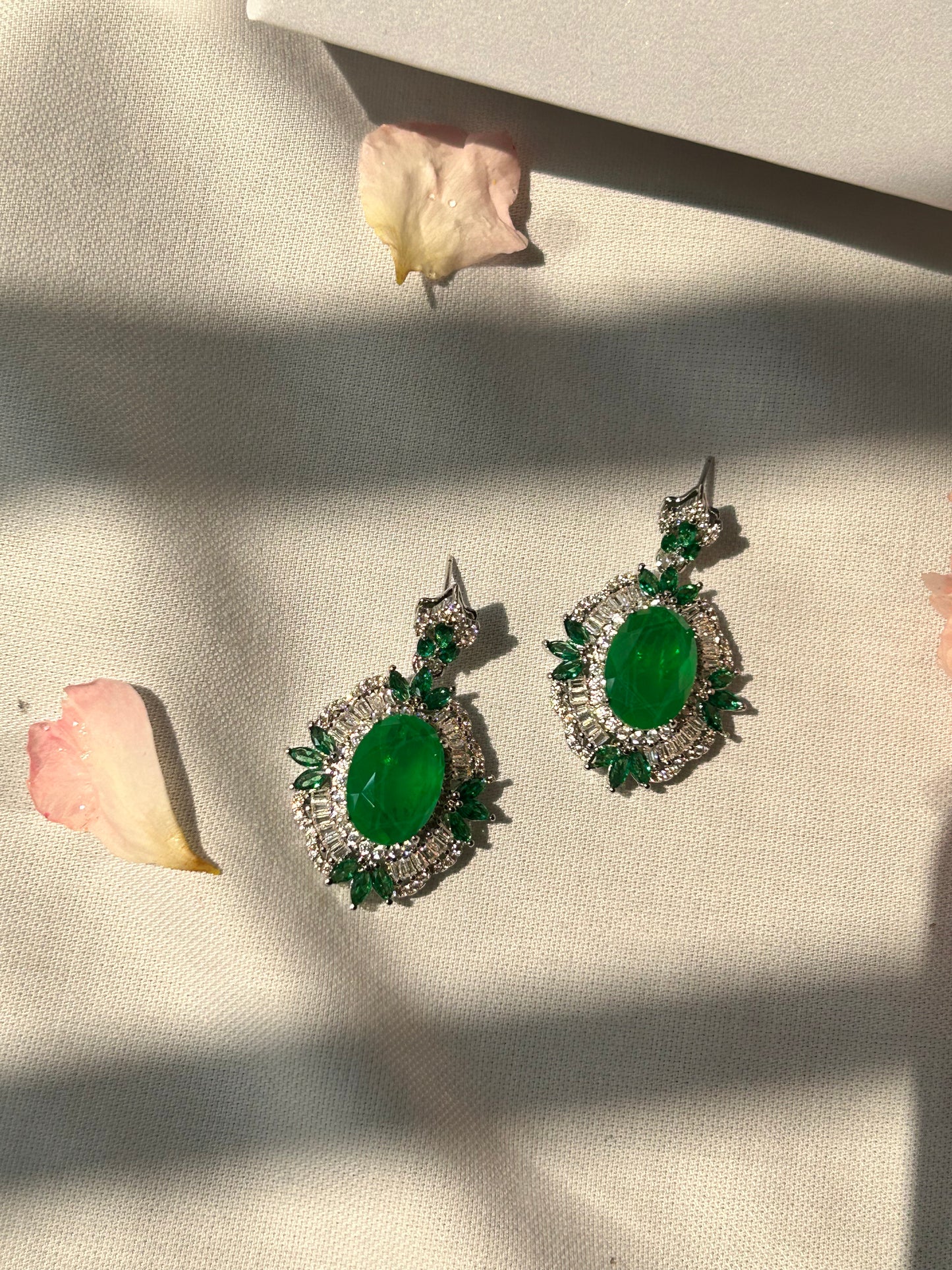 Emerald Green and White stone Earrings | Sterling Silver | Lab created