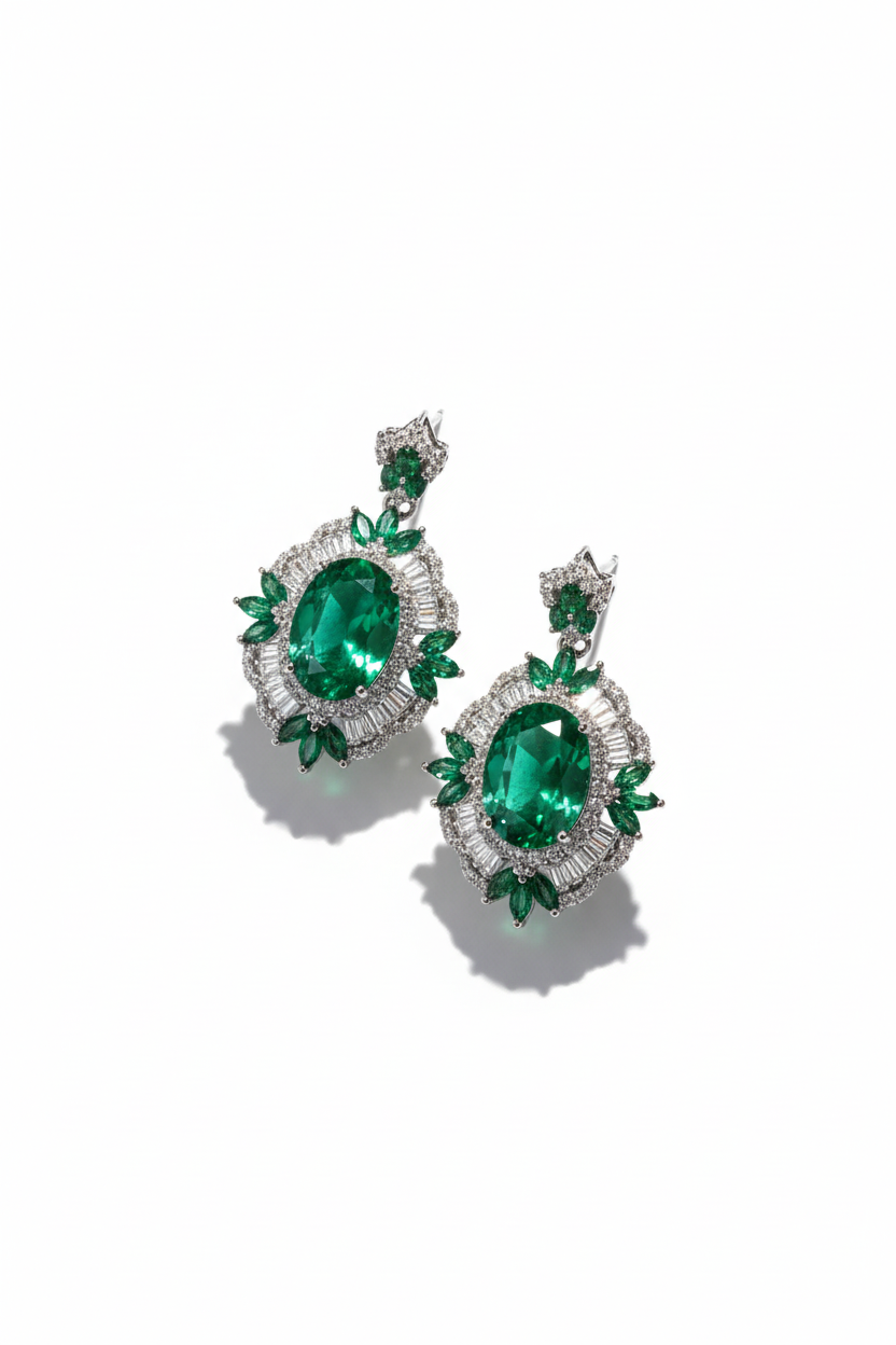 Emerald Green and White stone Earrings | Sterling Silver | Lab created