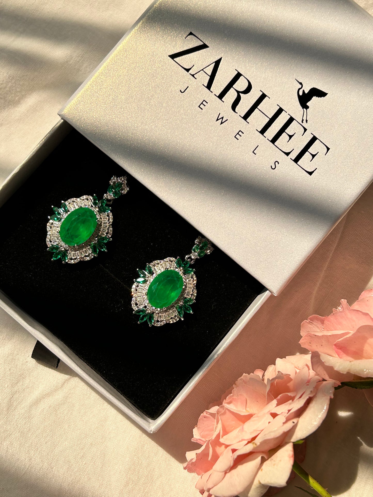 Emerald Green and White stone Earrings | Sterling Silver | Lab created