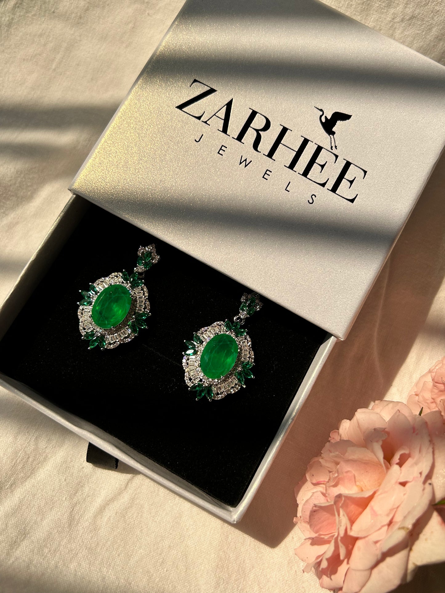 Emerald Green and White stone Earrings | Sterling Silver | Lab created