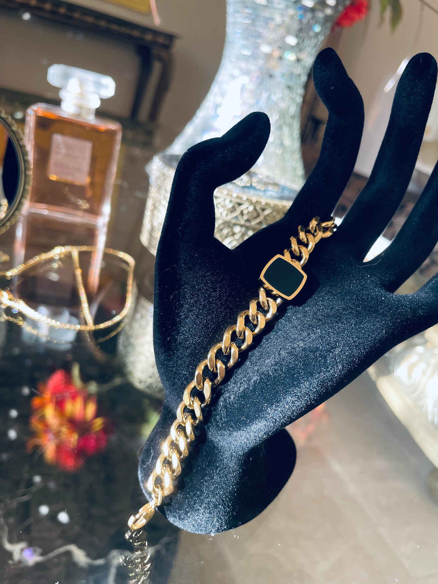 Classic Gold Bracelet for Women | Chunky Black Stone Bracelet | Hypoallergenic- Tarnish Free bracelet